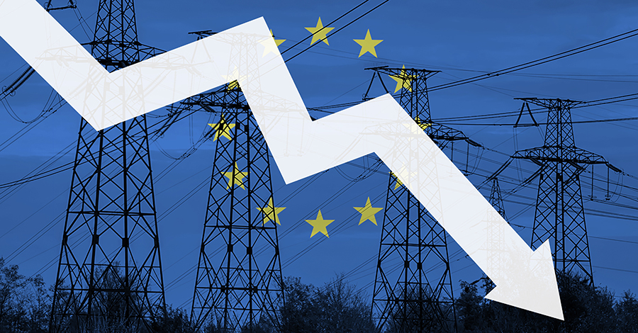 Power line and flag of European Union. Energy crisis. Concept of global energy crisis. Decreased electricity generation. Graph arrow is down. Increase in electricity consumption